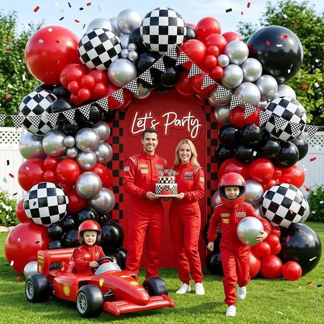 Alt view image 4 of 7 - Race Car Balloon Arch Garland Kit 126Pcs Red Black and Metallic Silver Balloons with Checkered Foil Balloons and Checkered Flag Banner for Two Fast Birthday Party Decorations