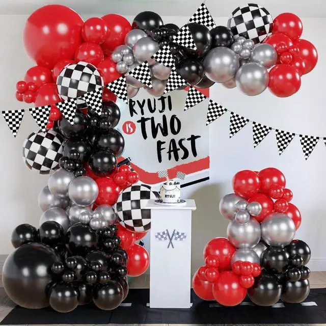 Alt view image 5 of 7 - Race Car Balloon Arch Garland Kit 126Pcs Red Black and Metallic Silver Balloons with Checkered Foil Balloons and Checkered Flag Banner for Two Fast Birthday Party Decorations