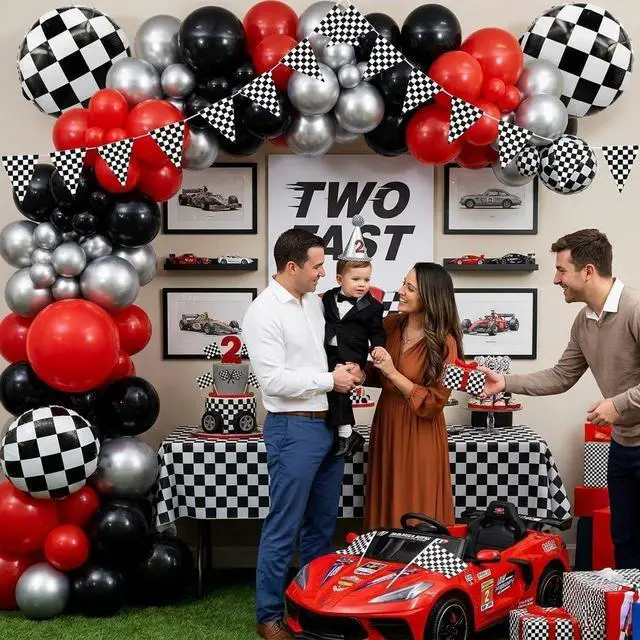 Alt view image 6 of 7 - Race Car Balloon Arch Garland Kit 126Pcs Red Black and Metallic Silver Balloons with Checkered Foil Balloons and Checkered Flag Banner for Two Fast Birthday Party Decorations
