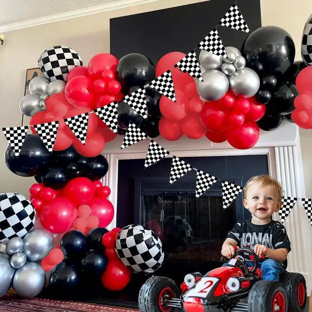 Alt view image 7 of 7 - Race Car Balloon Arch Garland Kit 126Pcs Red Black and Metallic Silver Balloons with Checkered Foil Balloons and Checkered Flag Banner for Two Fast Birthday Party Decorations