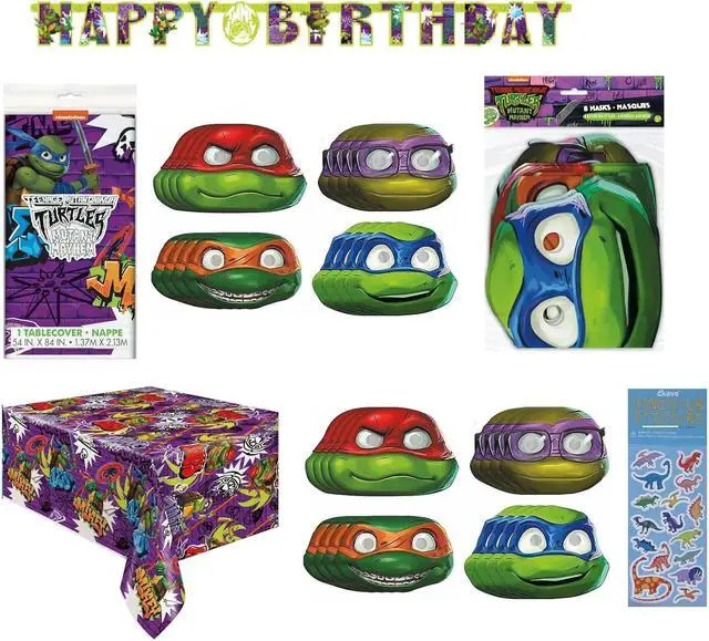 Main image of Teenage Mutant Ninja Turtles TMNT Birthday Party Supplies Decoration Bundle Pack includes 1 Birthday Banner, 1 Table Cover, 8 PaperMasks and 1 Dinosaur Sticker Sheet - 10 Pieces