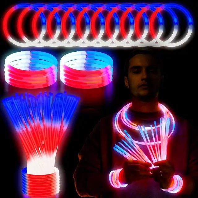 Main image of JOYIN 72 Pcs July 4th Glow Sticks Bulk with Connectors, Red White Blue 3 Colors In 1 Glow in The Dark Stick, Light Up Bracelets & Necklaces for Kids & Adults, Party Favor Supplies For Independence Day