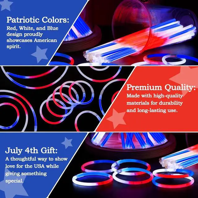 Alt view image 3 of 7 - JOYIN 72 Pcs July 4th Glow Sticks Bulk with Connectors, Red White Blue 3 Colors In 1 Glow in The Dark Stick, Light Up Bracelets & Necklaces for Kids & Adults, Party Favor Supplies For Independence Day