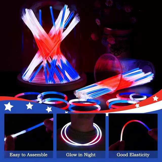 Alt view image 4 of 7 - JOYIN 72 Pcs July 4th Glow Sticks Bulk with Connectors, Red White Blue 3 Colors In 1 Glow in The Dark Stick, Light Up Bracelets & Necklaces for Kids & Adults, Party Favor Supplies For Independence Day