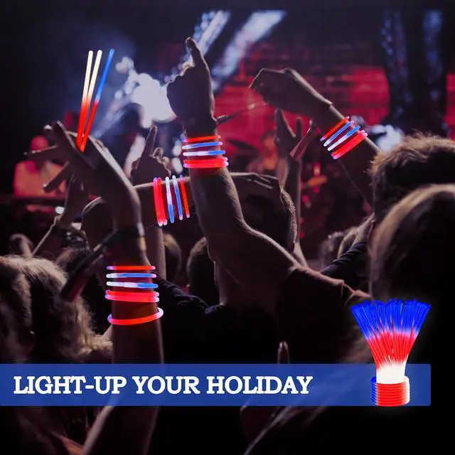 Alt view image 5 of 7 - JOYIN 72 Pcs July 4th Glow Sticks Bulk with Connectors, Red White Blue 3 Colors In 1 Glow in The Dark Stick, Light Up Bracelets & Necklaces for Kids & Adults, Party Favor Supplies For Independence Day