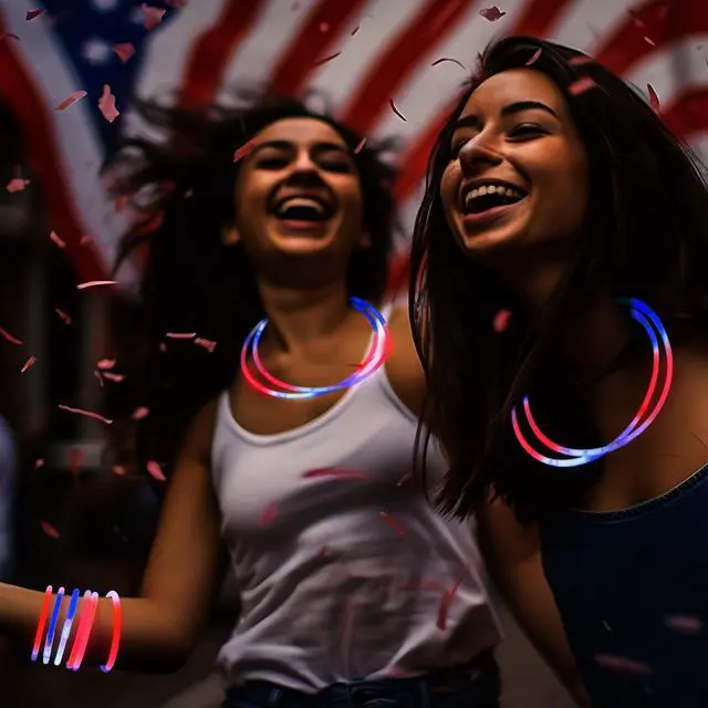 Alt view image 7 of 7 - JOYIN 72 Pcs July 4th Glow Sticks Bulk with Connectors, Red White Blue 3 Colors In 1 Glow in The Dark Stick, Light Up Bracelets & Necklaces for Kids & Adults, Party Favor Supplies For Independence Day