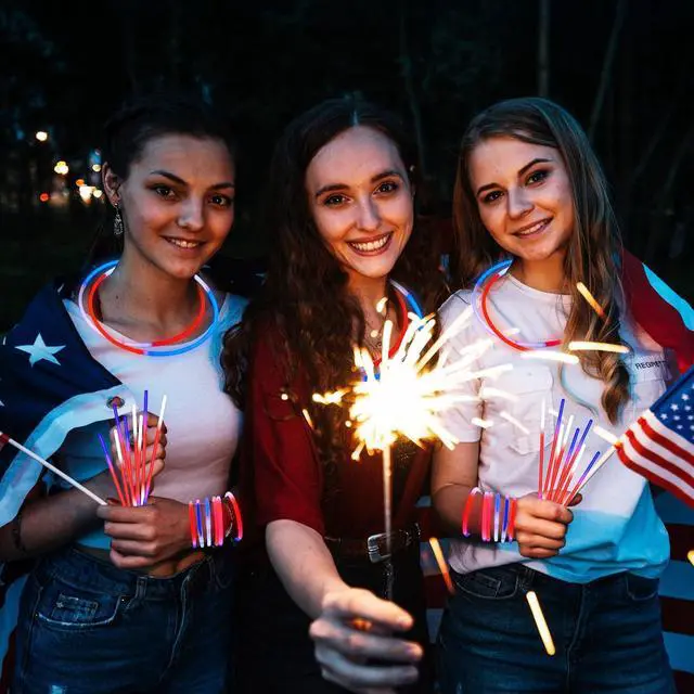Alt view image 6 of 7 - JOYIN 72 Pcs July 4th Glow Sticks Bulk with Connectors, Red White Blue 3 Colors In 1 Glow in The Dark Stick, Light Up Bracelets & Necklaces for Kids & Adults, Party Favor Supplies For Independence Day
