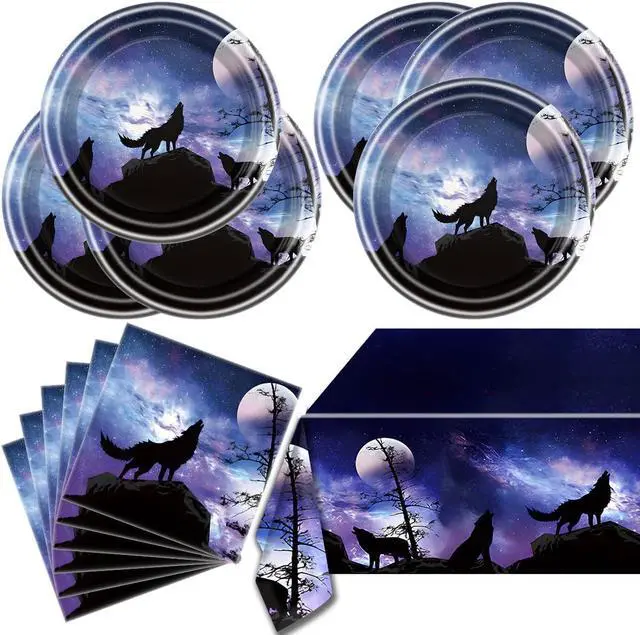 Main image of Wolf Birthday Party Tableware Set,20 Plates and 20 Napkins and Tablecloth 86 '' x 51 '', Wolf Animal Party Decorate Supplies