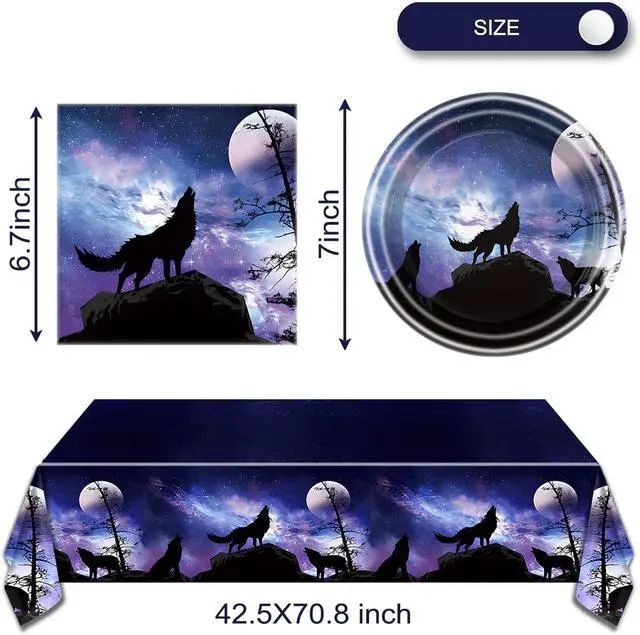 Alt view image 2 of 7 - Wolf Birthday Party Tableware Set,20 Plates and 20 Napkins and Tablecloth 86 '' x 51 '', Wolf Animal Party Decorate Supplies