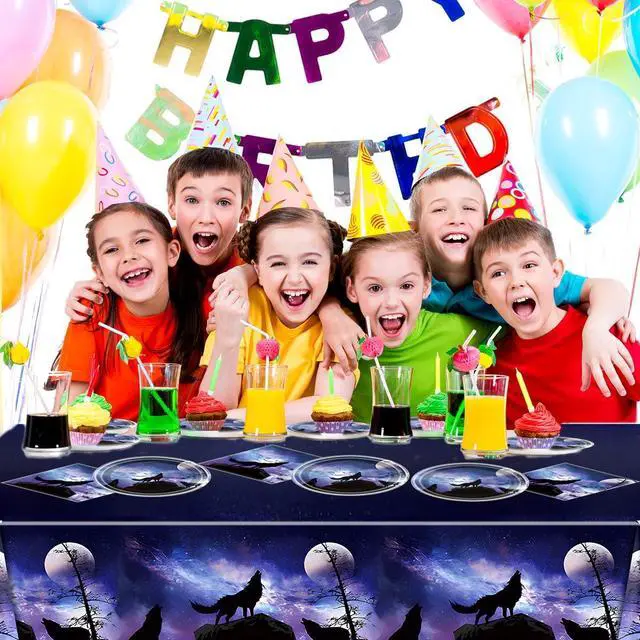 Alt view image 7 of 7 - Wolf Birthday Party Tableware Set,20 Plates and 20 Napkins and Tablecloth 86 '' x 51 '', Wolf Animal Party Decorate Supplies