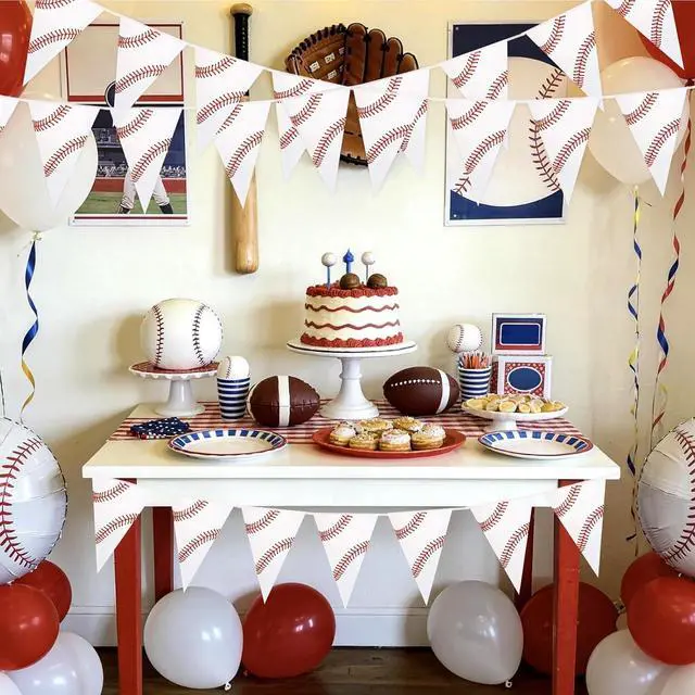 Alt view image 4 of 7 - 6 Pack Baseball Party Banner 9.12ft Baseball Pennant Banner Pre-Strung Sport Triangle Flag Bunting Garland for Kids Boys Baseball Birthday Party Supplies Sport Party Supplies