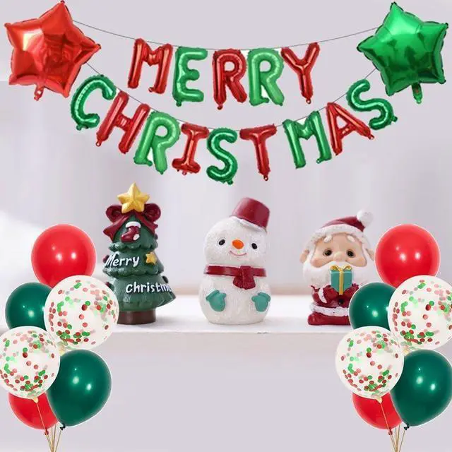 Alt view image 4 of 6 - Merry Christmas Balloons Banner 13pcs Aluminum Foil 16 Inch Letters with 2pcs 18 Inch Star Balloons 30pcs Red Green Confetti Balloon for Christmas Party Decorations