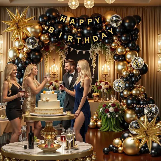 Alt view image 2 of 7 - 141Pcs Black and Gold Balloon Arch Kit with Happy Birthday Banner for Black and Gold Party Decorations, Graduation, Retirement, Masquerade Party Supplies