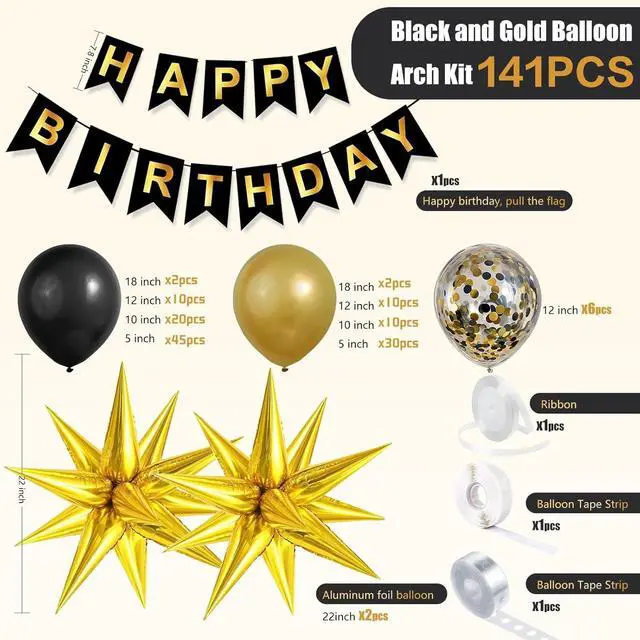 Alt view image 3 of 7 - 141Pcs Black and Gold Balloon Arch Kit with Happy Birthday Banner for Black and Gold Party Decorations, Graduation, Retirement, Masquerade Party Supplies