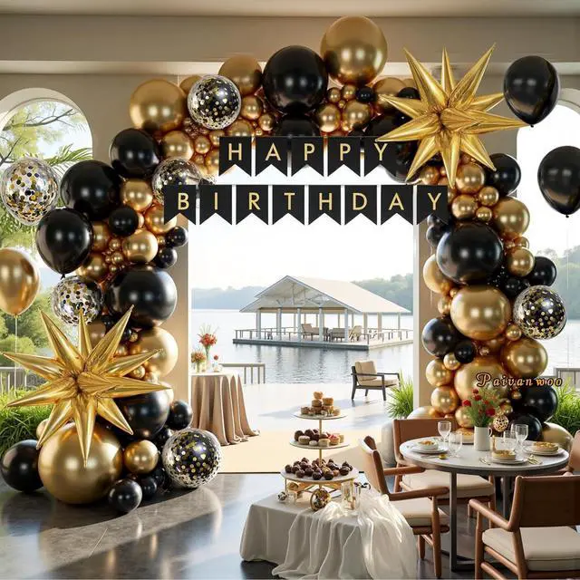 Alt view image 4 of 7 - 141Pcs Black and Gold Balloon Arch Kit with Happy Birthday Banner for Black and Gold Party Decorations, Graduation, Retirement, Masquerade Party Supplies