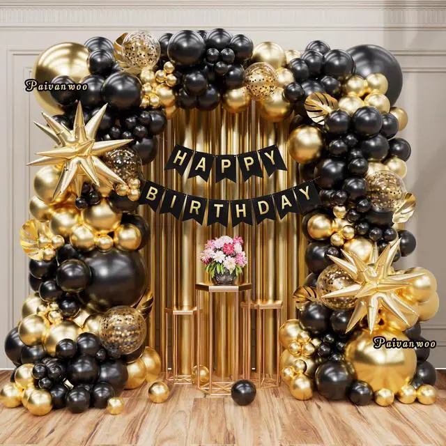 Main image of 141Pcs Black and Gold Balloon Arch Kit with Happy Birthday Banner for Black and Gold Party Decorations, Graduation, Retirement, Masquerade Party Supplies