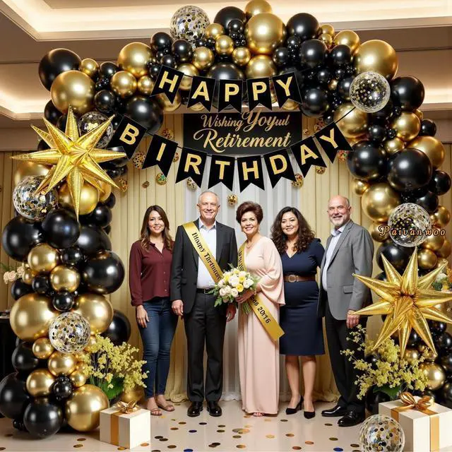 Alt view image 5 of 7 - 141Pcs Black and Gold Balloon Arch Kit with Happy Birthday Banner for Black and Gold Party Decorations, Graduation, Retirement, Masquerade Party Supplies