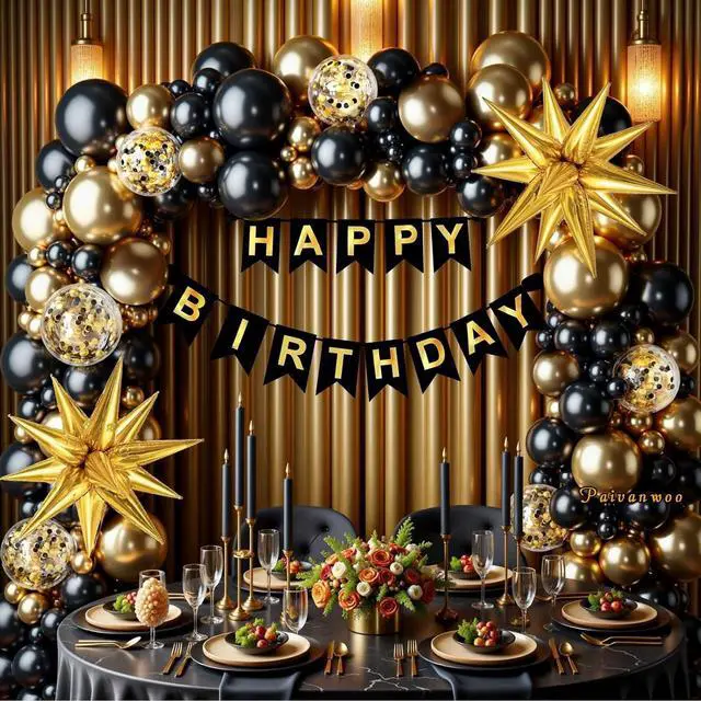 Alt view image 6 of 7 - 141Pcs Black and Gold Balloon Arch Kit with Happy Birthday Banner for Black and Gold Party Decorations, Graduation, Retirement, Masquerade Party Supplies