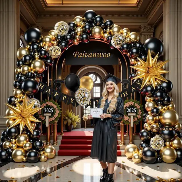 Alt view image 7 of 7 - 141Pcs Black and Gold Balloon Arch Kit with Happy Birthday Banner for Black and Gold Party Decorations, Graduation, Retirement, Masquerade Party Supplies