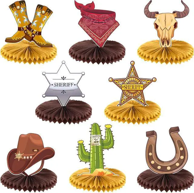 Main image of Crtiin 8 Pcs Cowboy Party Decorations Western Themed Birthday Party Decorations Wild West Cowboy Honeycomb Centerpieces for Tables 3D Theme Decor Supplies Boys Girls