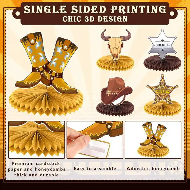 Alt view image 4 of 7 - Crtiin 8 Pcs Cowboy Party Decorations Western Themed Birthday Party Decorations Wild West Cowboy Honeycomb Centerpieces for Tables 3D Theme Decor Supplies Boys Girls