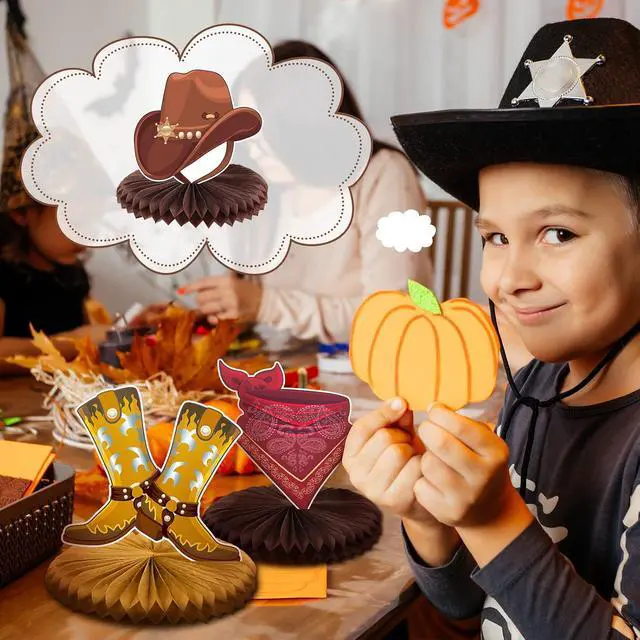 Alt view image 6 of 7 - Crtiin 8 Pcs Cowboy Party Decorations Western Themed Birthday Party Decorations Wild West Cowboy Honeycomb Centerpieces for Tables 3D Theme Decor Supplies Boys Girls