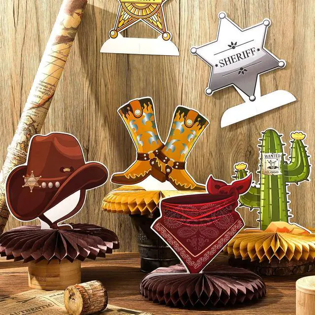 Alt view image 7 of 7 - Crtiin 8 Pcs Cowboy Party Decorations Western Themed Birthday Party Decorations Wild West Cowboy Honeycomb Centerpieces for Tables 3D Theme Decor Supplies Boys Girls
