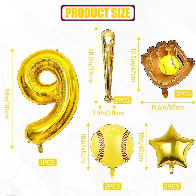 Alt view image 2 of 7 - 9pcs Softball Balloons, Softball Birthday Number Mylar Foil Balloon Softball Birthday Party Supplies Softball Birthday Decorations (9th)