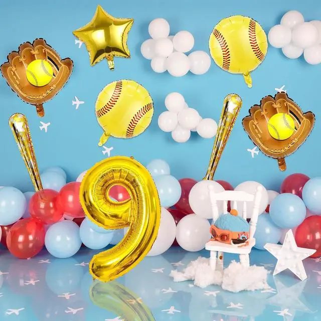 Alt view image 6 of 7 - 9pcs Softball Balloons, Softball Birthday Number Mylar Foil Balloon Softball Birthday Party Supplies Softball Birthday Decorations (9th)