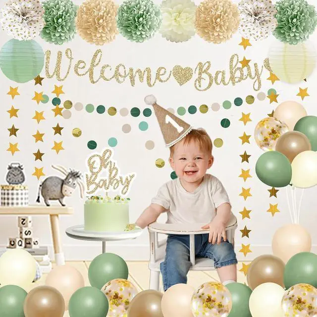Alt view image 4 of 7 - Sage Green Baby Shower Decorations Gender Neutral Baby Shower Decorations Welcome Baby Banner Sage Green Balloons Paper Lanterns Pom Tablecloth Neutral Gender Reveal Birthday Party Supplies