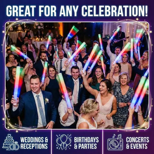 Alt view image 7 of 7 - LED 3 Color Foam Sticks Forever Holiday Party Batons Wand for Wedding, Birthdays, Quinceanera, Sweet 16, DJ, Concerts, Festivals, Bulk Party Favors (100)