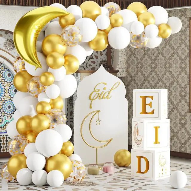 Main image of Eid Mubarak Decoration for Home 2026 - 89 White Gold Balloon Arch with Eid Mubarak Star Balloons,Star Moon Balloon Boxes,Ramadan Party Supplies Decorations for Ramadan Festival