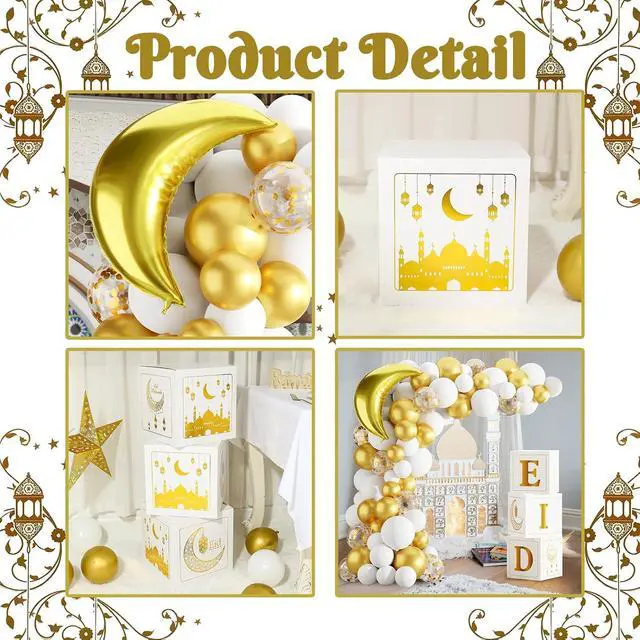 Alt view image 3 of 7 - Eid Mubarak Decoration for Home 2026 - 89 White Gold Balloon Arch with Eid Mubarak Star Balloons,Star Moon Balloon Boxes,Ramadan Party Supplies Decorations for Ramadan Festival