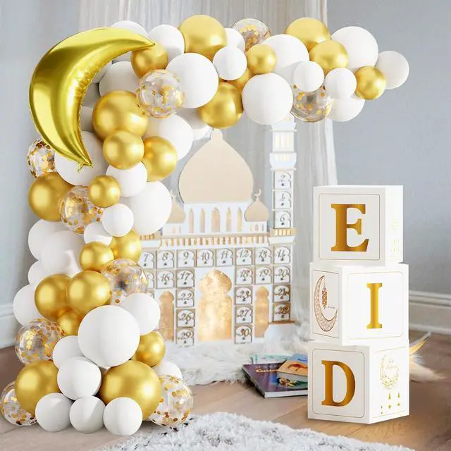 Alt view image 5 of 7 - Eid Mubarak Decoration for Home 2026 - 89 White Gold Balloon Arch with Eid Mubarak Star Balloons,Star Moon Balloon Boxes,Ramadan Party Supplies Decorations for Ramadan Festival