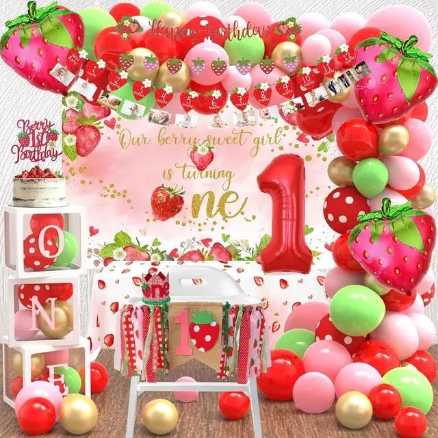 Alt view image 2 of 7 - Strawberry 1st Birthday Decorations for Girls - Berry First Birthday Decor - Berry Sweet One Themed Party Supplies Kit with Balloon Arch, Highchair Banner, Backdrop, Cake Topper & Crown
