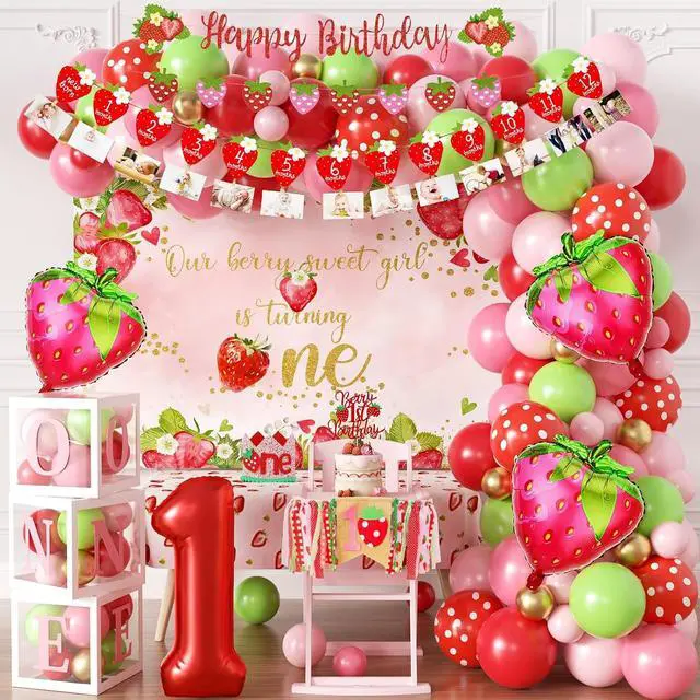Main image of Strawberry 1st Birthday Decorations for Girls - Berry First Birthday Decor - Berry Sweet One Themed Party Supplies Kit with Balloon Arch, Highchair Banner, Backdrop, Cake Topper & Crown