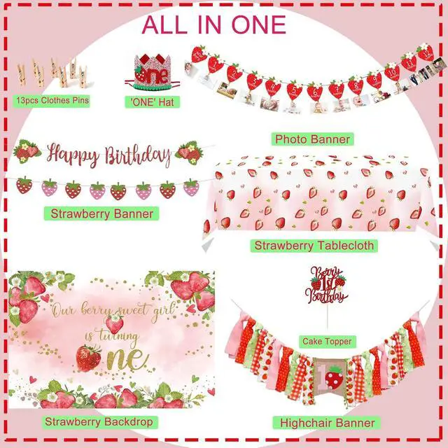 Alt view image 4 of 7 - Strawberry 1st Birthday Decorations for Girls - Berry First Birthday Decor - Berry Sweet One Themed Party Supplies Kit with Balloon Arch, Highchair Banner, Backdrop, Cake Topper & Crown
