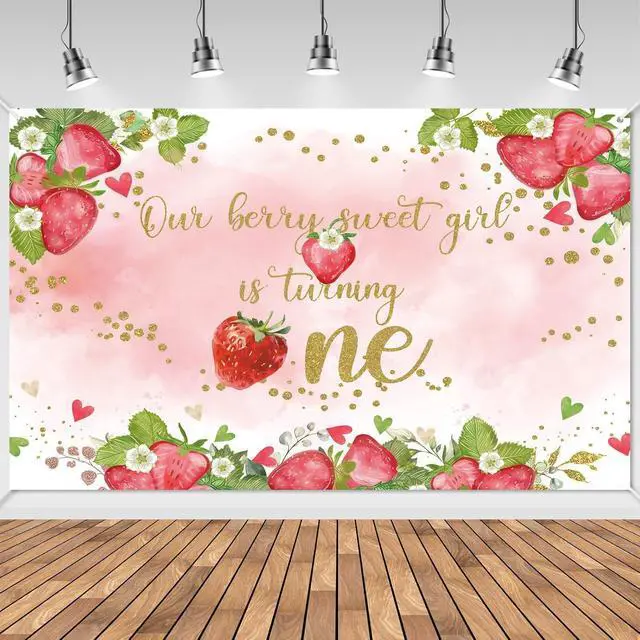 Alt view image 5 of 7 - Strawberry 1st Birthday Decorations for Girls - Berry First Birthday Decor - Berry Sweet One Themed Party Supplies Kit with Balloon Arch, Highchair Banner, Backdrop, Cake Topper & Crown