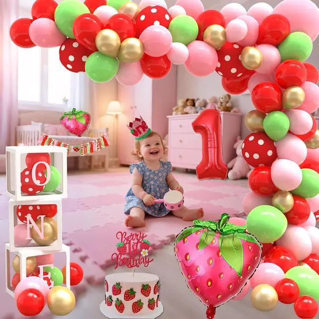 Alt view image 7 of 7 - Strawberry 1st Birthday Decorations for Girls - Berry First Birthday Decor - Berry Sweet One Themed Party Supplies Kit with Balloon Arch, Highchair Banner, Backdrop, Cake Topper & Crown