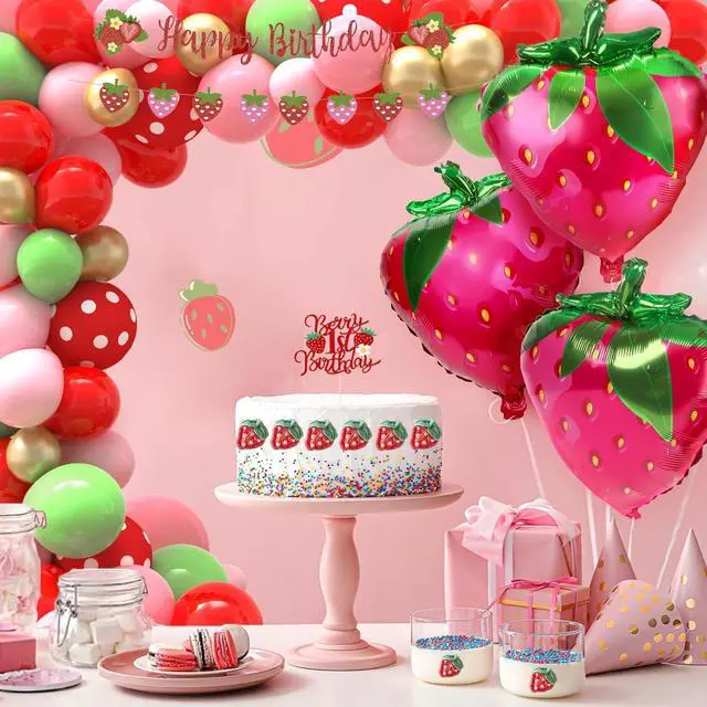 Alt view image 6 of 7 - Strawberry 1st Birthday Decorations for Girls - Berry First Birthday Decor - Berry Sweet One Themed Party Supplies Kit with Balloon Arch, Highchair Banner, Backdrop, Cake Topper & Crown