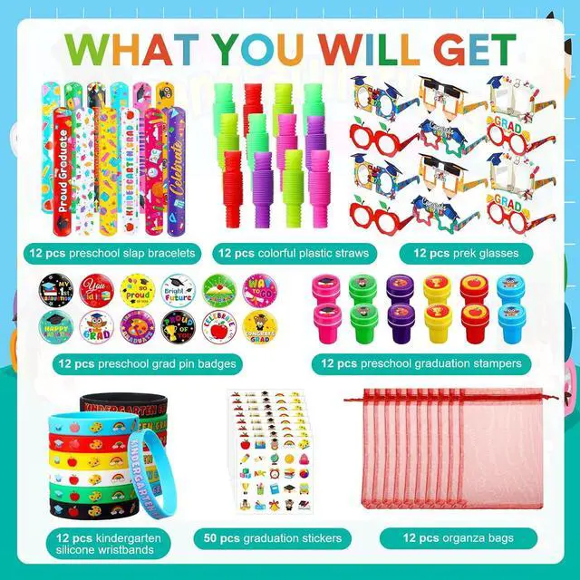 Alt view image 2 of 6 - Seajan 134 Pcs Preschool Graduation Gifts Kindergarten Party Favor Congrats Grad Bracelet Pre K Grad Badge Pin Sticker Stamper Glasses Straw Organza Bag for Pre K Classroom Prize Gift Party Supplies