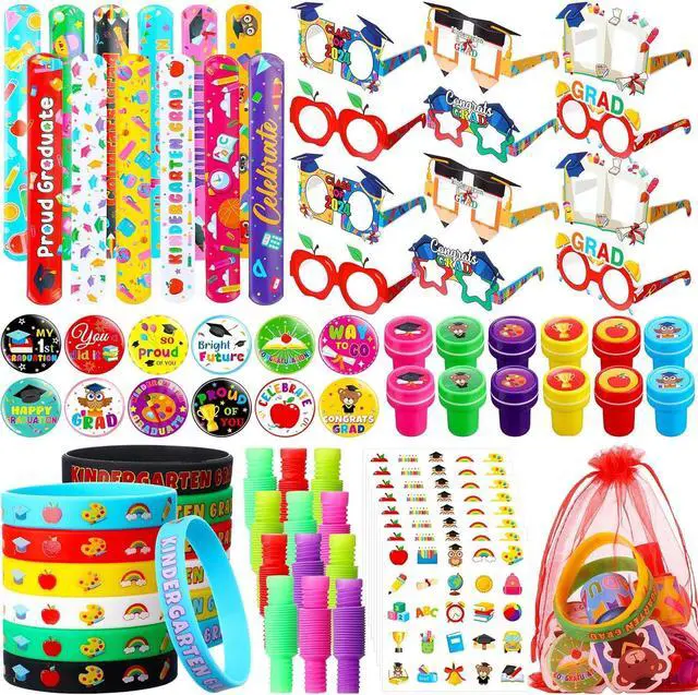 Main image of Seajan 134 Pcs Preschool Graduation Gifts Kindergarten Party Favor Congrats Grad Bracelet Pre K Grad Badge Pin Sticker Stamper Glasses Straw Organza Bag for Pre K Classroom Prize Gift Party Supplies