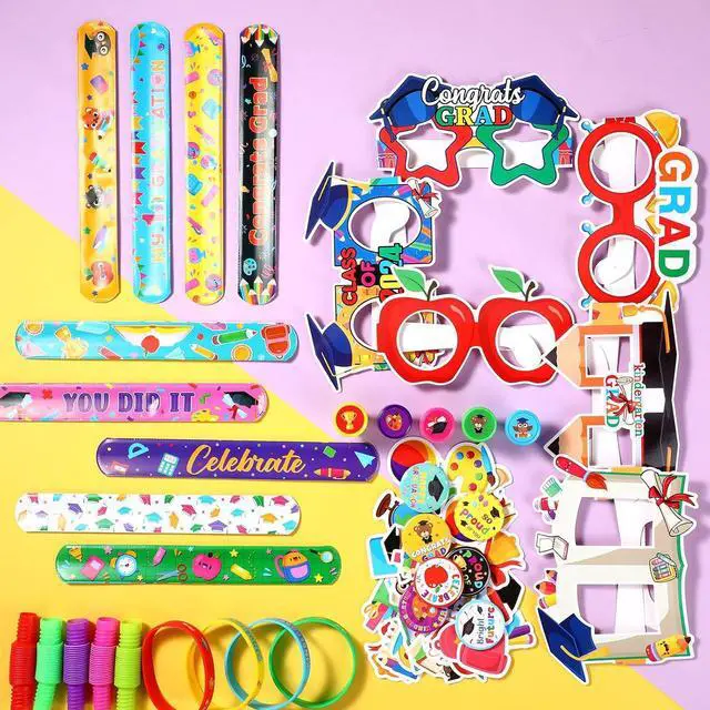 Alt view image 3 of 6 - Seajan 134 Pcs Preschool Graduation Gifts Kindergarten Party Favor Congrats Grad Bracelet Pre K Grad Badge Pin Sticker Stamper Glasses Straw Organza Bag for Pre K Classroom Prize Gift Party Supplies