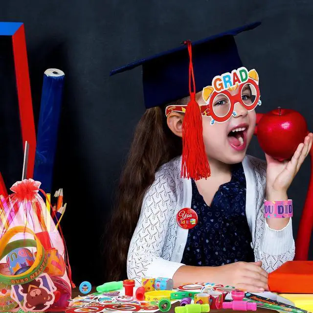 Alt view image 6 of 6 - Seajan 134 Pcs Preschool Graduation Gifts Kindergarten Party Favor Congrats Grad Bracelet Pre K Grad Badge Pin Sticker Stamper Glasses Straw Organza Bag for Pre K Classroom Prize Gift Party Supplies