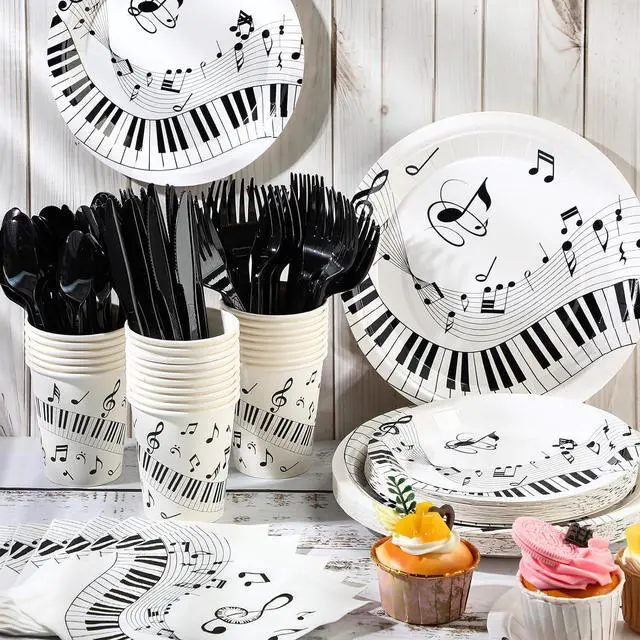 Alt view image 2 of 7 - Tioncy 171 Pieces Musical Party Supplies Disposable Musical Notes Tableware Set Serves 24 with Plates Napkins Cups Banner Plastic Musical Tablecloths for Music Themed Birthday Party Decorations