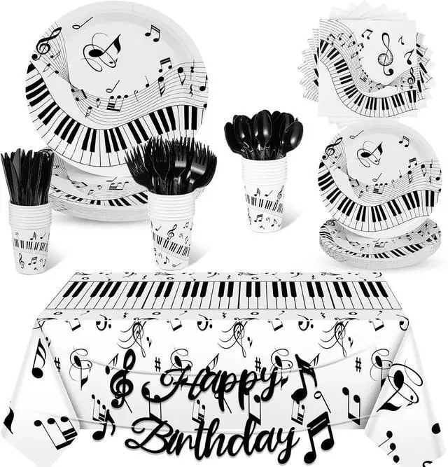 Main image of Tioncy 171 Pieces Musical Party Supplies Disposable Musical Notes Tableware Set Serves 24 with Plates Napkins Cups Banner Plastic Musical Tablecloths for Music Themed Birthday Party Decorations