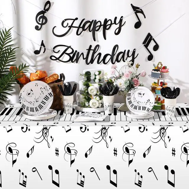 Alt view image 3 of 7 - Tioncy 171 Pieces Musical Party Supplies Disposable Musical Notes Tableware Set Serves 24 with Plates Napkins Cups Banner Plastic Musical Tablecloths for Music Themed Birthday Party Decorations