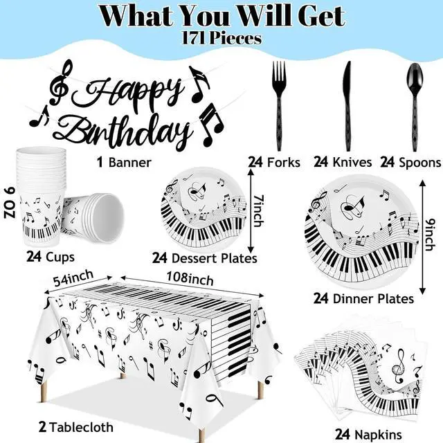 Alt view image 4 of 7 - Tioncy 171 Pieces Musical Party Supplies Disposable Musical Notes Tableware Set Serves 24 with Plates Napkins Cups Banner Plastic Musical Tablecloths for Music Themed Birthday Party Decorations