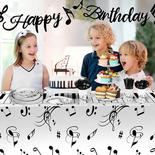 Alt view image 6 of 7 - Tioncy 171 Pieces Musical Party Supplies Disposable Musical Notes Tableware Set Serves 24 with Plates Napkins Cups Banner Plastic Musical Tablecloths for Music Themed Birthday Party Decorations