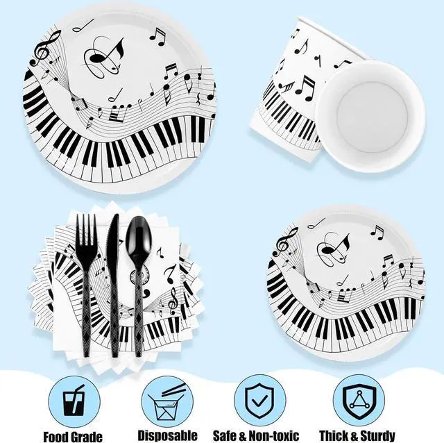 Alt view image 5 of 7 - Tioncy 171 Pieces Musical Party Supplies Disposable Musical Notes Tableware Set Serves 24 with Plates Napkins Cups Banner Plastic Musical Tablecloths for Music Themed Birthday Party Decorations